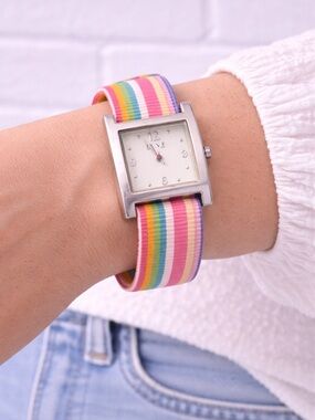 Y2K Nine & Co.  Rainbow Stripe Strap Watch with Square Silver Case NEEDS BATTERY